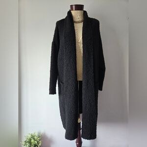 Donna Karan Wool Blend Black Long Teddy Knit Open-Front Coat Sweater. Size Large